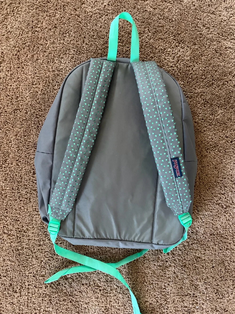 Jansport Gray Backpack with Mint Accents and Patterned Pocket